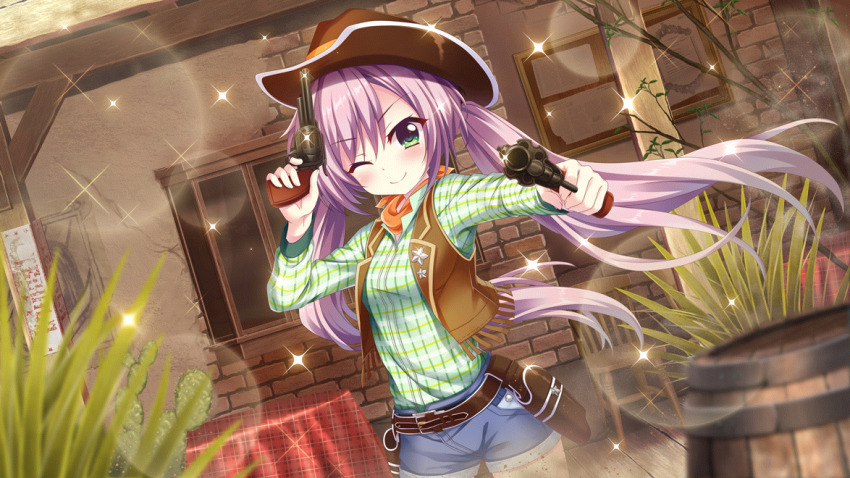1girl aiming aiming_at_viewer bandana barrel belt blurry blurry_background brick_wall brown_hat brown_vest bulletin_board closed_mouth cowboy cowboy_hat cowboy_western denim denim_shorts dot_nose dual_wielding dutch_angle film_grain finger_on_trigger game_cg green_eyes green_shirt gun gunbelt handgun hat holding izumi_tsubasu leather_vest lens_flare long_hair long_sleeves looking_at_viewer misaki_sango non-web_source official_art one_eye_closed orange_bandana plaid_clothes plaid_shirt purple_hair re:stage! round_table shirt short_shorts shorts smile solo sparkle star_(symbol) table tablecloth twintails vest weapon weapon_request western window wooden_chair