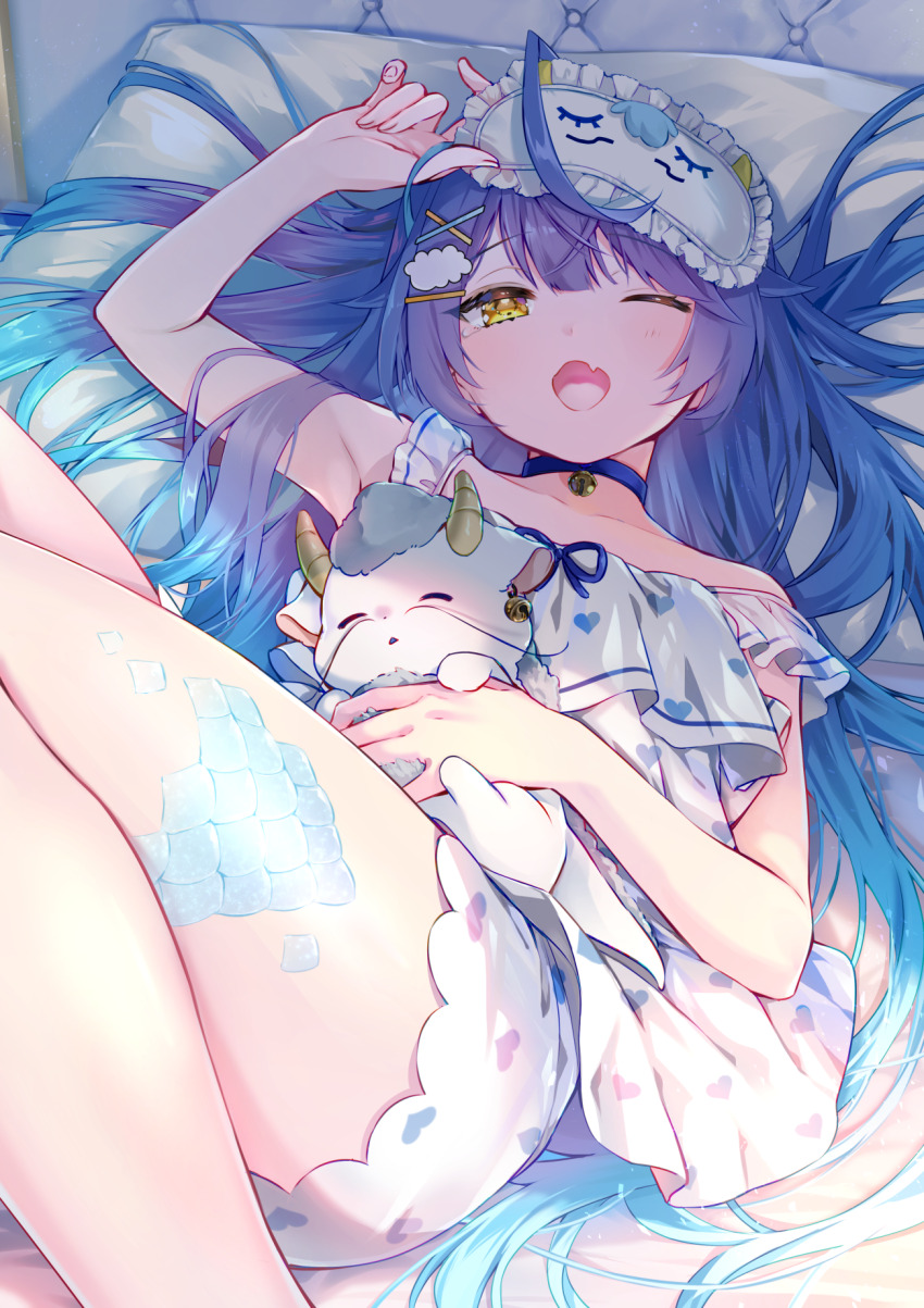 1girl ;o amamiya_kokoro amamiya_kokoro_(6th_costume) armpits bed bell blue_choker blue_hair blush choker cloud_hair_ornament fang foreshortening hair_ornament hairclip heart heart_print highres jingle_bell knees_up long_hair looking_at_viewer neck_bell nijisanji on_bed one_eye_closed open_mouth pajamas print_pajamas scales short_shorts shorts skin_fang sleep_mask sleepwear sleepy solo strap_slip stuffed_animal stuffed_dragon stuffed_toy thighs tojo_(natumi1412) very_long_hair virtual_youtuber waking_up white_pajamas x_hair_ornament yawning yellow_eyes