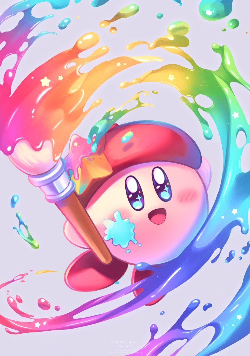 1boy :d amedama_(akaki_4207) artist_kirby beret blue_eyes blush_stickers colored_skin commentary from_above grey_background happy hat hat_ornament highres holding holding_paintbrush kirby kirby:_star_allies kirby_(series) male_focus nintendo no_humans open_mouth oversized_object paint paint_on_clothes paint_splatter paint_splatter_on_face paintbrush pink_skin rainbow_gradient red_hat simple_background smile solo sparkle standing standing_on_one_leg star_(symbol) star_hat_ornament star_in_eye symbol-only_commentary symbol_in_eye waving