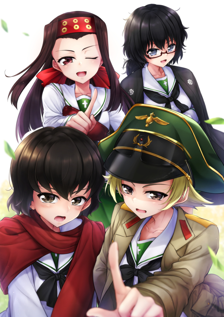 4girls black_bow black_eyes black_hair black_neckerchief blonde_hair bow brown_eyes brown_hair brown_jacket caesar_(girls_und_panzer) commentary erwin_(girls_und_panzer) frown girls_und_panzer glasses goggles goggles_on_headwear green_headwear haori hat headband highres jacket japanese_clothes leaf long_hair long_sleeves looking_at_viewer medium_hair messy_hair military_hat military_jacket mini_dang01 multiple_girls muneate neckerchief one_eye_closed ooarai_school_uniform open_clothes open_jacket open_mouth oryou_(girls_und_panzer) peaked_cap pointing pointing_at_viewer pointy_hair ponytail red-framed_eyewear red_headband red_scarf saemonza_(girls_und_panzer) sailor_collar sakamoto_clan_(emblem) sanada_clan_(emblem) scarf school_uniform semi-rimless_eyewear serafuku shirt short_hair short_ponytail smile standing straight_hair under-rim_eyewear white_sailor_collar white_shirt wind