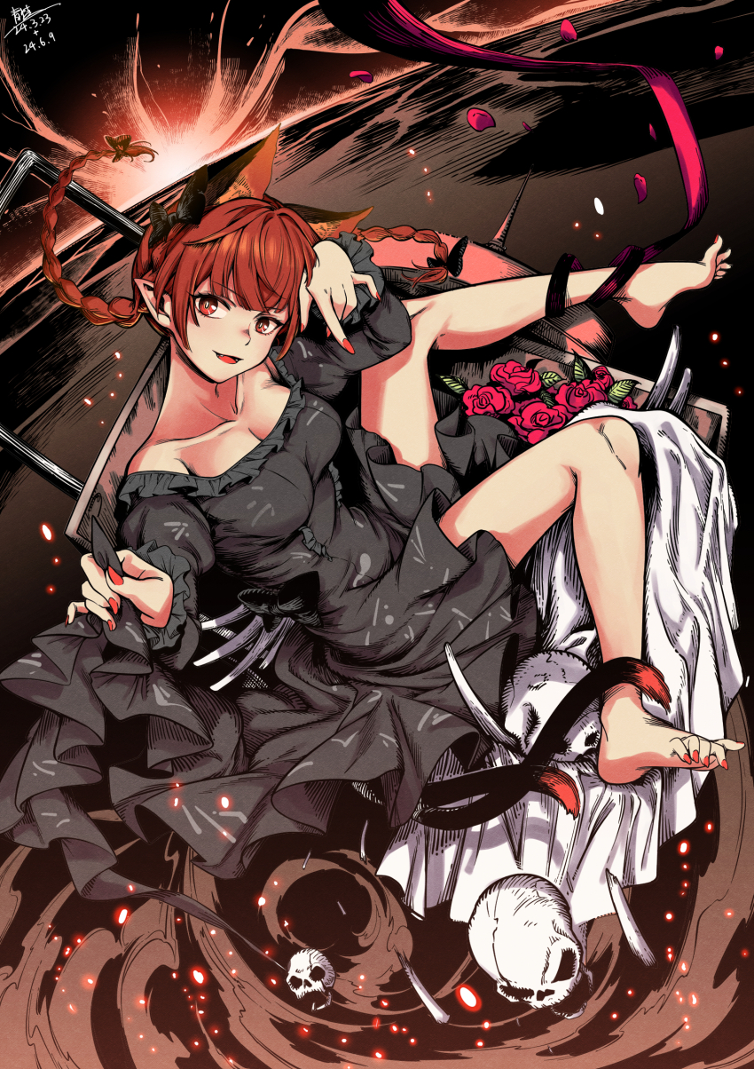1girl animal_ears barefoot black_dress bone braid breasts cat_ears cat_tail cleavage collarbone dated dress extra_ears fangs fingernails frilled_sleeves frills highres kaenbyou_rin long_hair long_sleeves medium_breasts multiple_tails nail_polish off-shoulder_dress off_shoulder open_mouth pointy_ears qingwa_chi_she red_eyes red_hair red_nails signature skull smile solo tail toenail_polish toenails toes touhou twin_braids two_tails