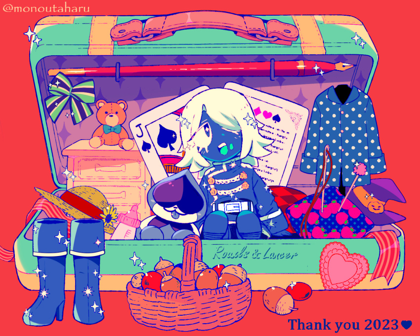 2023 ;d ace_(playing_card) ace_of_spades basket blue_footwear boots bow brown_hat card chain character_doll character_name commentary_request deltarune diamond_(shape) flower green_bow hat heart jacket knee_boots lancer_(deltarune) one_eye_closed open_mouth playing_card polka_dot purple_hat red_background rouxls_kaard shoes short_hair simple_background smile spade_(shape) sparkle sparkle_print stuffed_animal stuffed_toy suitcase sun_hat sunflower taharu_(papiyas) teddy_bear twitter_username unworn_hat unworn_headwear unworn_jacket unworn_shoes white_hair