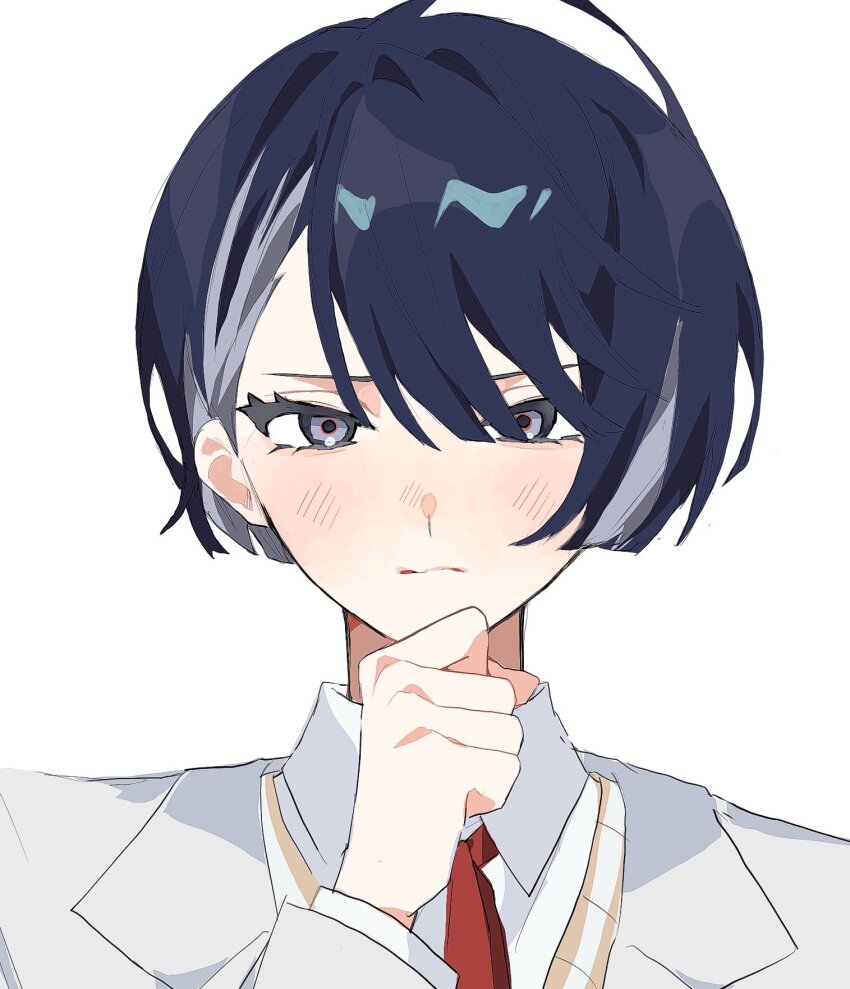 18trip 1boy blue_hair blush closed_mouth collared_jacket collared_shirt dark_blue_hair grey_eyes hand_on_own_chin hand_up highres jacket kaguya_muneuji layered_clothes looking_at_viewer male_focus multicolored_hair necktie red_necktie shirt simple_background solo st_18tr straight-on two-tone_hair upper_body white_background white_jacket white_shirt