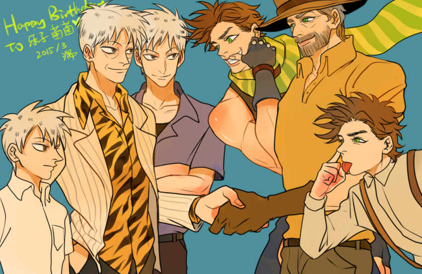 6+boys :p age_progression akagi:_yami_ni_oritatta_tensai akagi_shigeru akanbe animal_print battle_tendency brown_hair child crossed_arms crossover eyelid_pull formal_clothes fukumoto_mahjong gloves green_eyes green_scarf grey_hair handshake jojo_no_kimyou_na_bouken joseph_joestar joseph_joestar_(young) kilva_lollop male_focus multiple_boys multiple_persona old old_man red_eyes scarf stardust_crusaders striped_clothes striped_scarf suit suspenders ten_(manga) tiger_print tongue tongue_out trait_connection white_hair