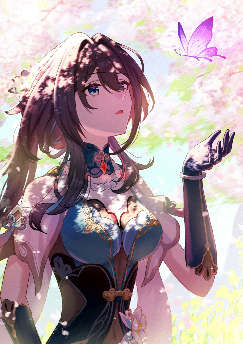 1girl absurdres aqua_collar aqua_dress bare_shoulders bead_necklace beads breasts brown_hair bug butterfly cherry_blossoms clothing_cutout commentary_request covered_navel detached_collar dress green_eyes hair_between_eyes hand_up highres honkai:_star_rail honkai_(series) insect isome jewelry large_breasts long_hair looking_at_animal necklace outdoors parted_lips purple_butterfly revision ruan_mei_(honkai:_star_rail) shoulder_cutout sidelocks solo upper_body