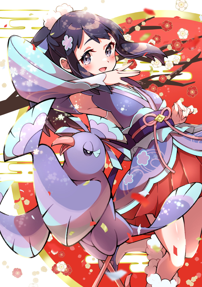 1girl absurdres armpits black_hair blush commentary_request dawn_(new_year&#039;s_2023)_(pokemon) dawn_(pokemon) detached_sleeves eyelashes flower gen_7_pokemon grey_eyes highres japanese_clothes kimono looking_at_viewer new_year nintendo official_alternate_costume oricorio oricorio_(sensu) pleated_skirt pokemon pokemon_(creature) pokemon_masters_ex pon_yui purple_kimono purple_sash red_flower red_skirt sash skirt socks white_socks
