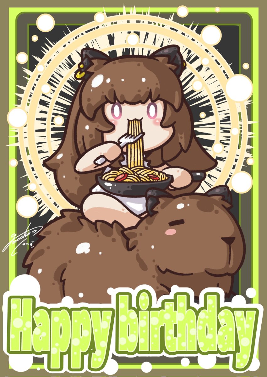 1girl :3 animal_ears blush brown_background brown_hair capybara capybara_ears capybara_girl chibi commentary_request eating food fork full_body gucchi_egglife halo halo_behind_head happy_birthday highres holding holding_fork long_hair looking_at_viewer nanashi_inc. pasta pink_eyes shirt solo spaghetti virtual_youtuber white_shirt yunohara_izumi