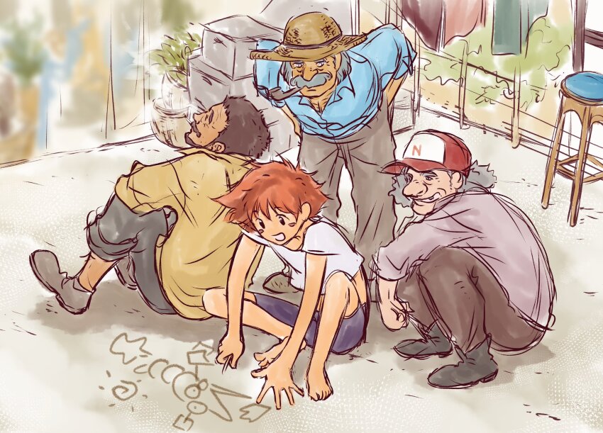 1girl 3boys antonio_(cowboy_bebop) barefoot cowboy_bebop edward_wong_hau_pepelu_tivrusky_iv facial_hair highres multiple_boys mustache old old_man tobalin