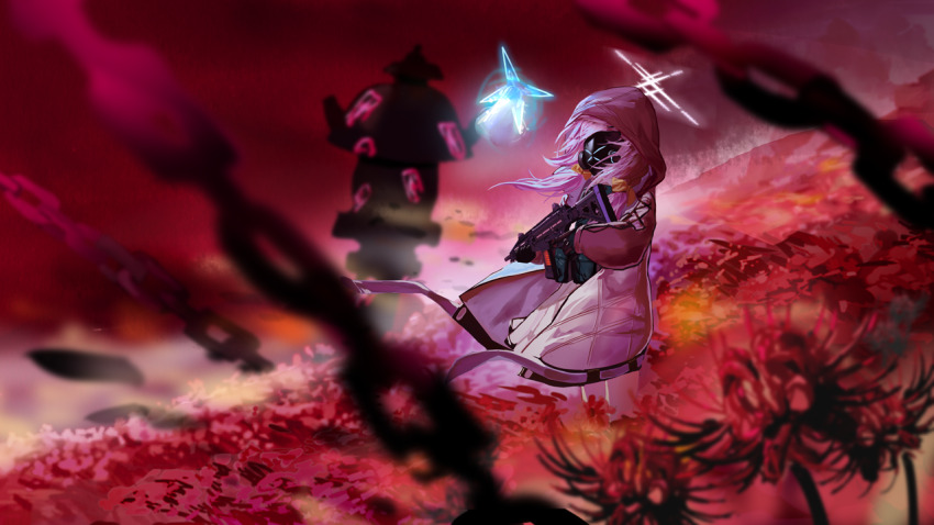 1girl aircctzillie atsuko_(blue_archive) black_mask blue_archive bouquet chain closed_eyes cross-laced_clothes cz_scorpion_evo_3 field flower flower_field gas_mask gun hair_ornament halo holding holding_bouquet holding_gun holding_weapon hood hood_up jacket mask mask_on_head purple_hair purple_halo red_lightning solo spider_lily standing weapon white_jacket wide_shot