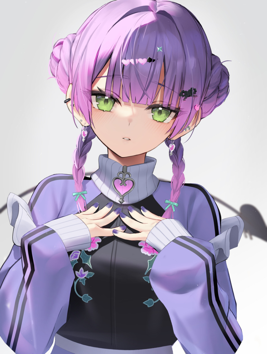1girl absurdres blunt_bangs braid choppy_bangs commentary demon_girl demon_tail diamond_hair_ornament double_bun earrings floral_print_jacket gradient_hair green_eyes grey_background hair_bun hair_ornament hands_on_own_chest hands_up heart heart_earrings heart_hair_ornament highres hololive jacket jersey_maid jewelry looking_at_viewer maid medium_hair multicolored_hair official_alternate_costume official_alternate_hairstyle parted_lips pink_hair purple_hair purple_nails purple_sleeves simple_background solo striped_sleeves tail thomas_8000 tokoyami_towa tokoyami_towa_(8th_costume) track_jacket twin_braids unconventional_maid virtual_youtuber