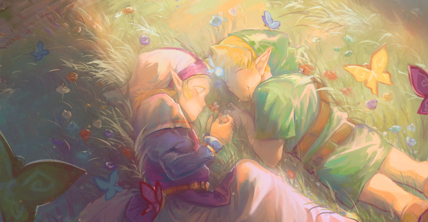 1boy 1girl absurdres belt biamaoosrhrs blonde_hair blue_butterfly blue_sleeves boots brown_belt brown_footwear bug butterfly child closed_eyes dress facing_another fairy green_hat green_tunic hat headdress hetero highres insect juliet_sleeves link long_dress long_sleeves lying navi nintendo on_grass on_side on_stomach pink_butterfly pink_dress pointy_ears princess_zelda puffy_sleeves short_sleeves shoulder_belt sleeping the_legend_of_zelda the_legend_of_zelda:_ocarina_of_time tunic two-tone_dress white_dress yellow_butterfly young_link young_zelda