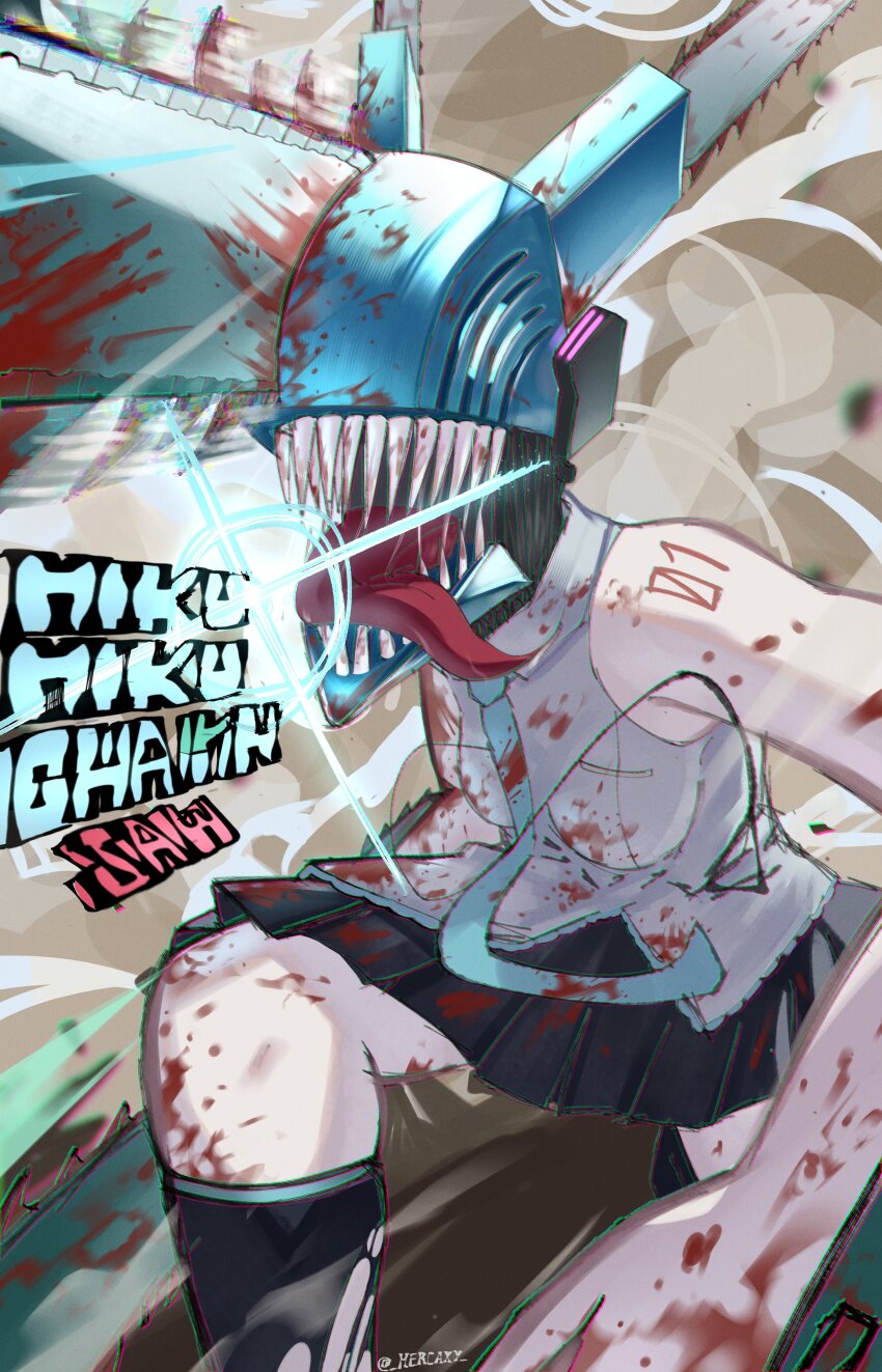 1girl absurdres aqua_necktie black_skirt blood blood_on_clothes blood_on_face chainsaw chainsaw_man cosplay denji_(chainsaw_man) denji_(chainsaw_man)_(cosplay) grey_shirt hatsune_miku highres long_tongue mercaxy necktie sharp_teeth shirt skirt sleeveless sleeveless_shirt solo teeth tongue tongue_out vocaloid