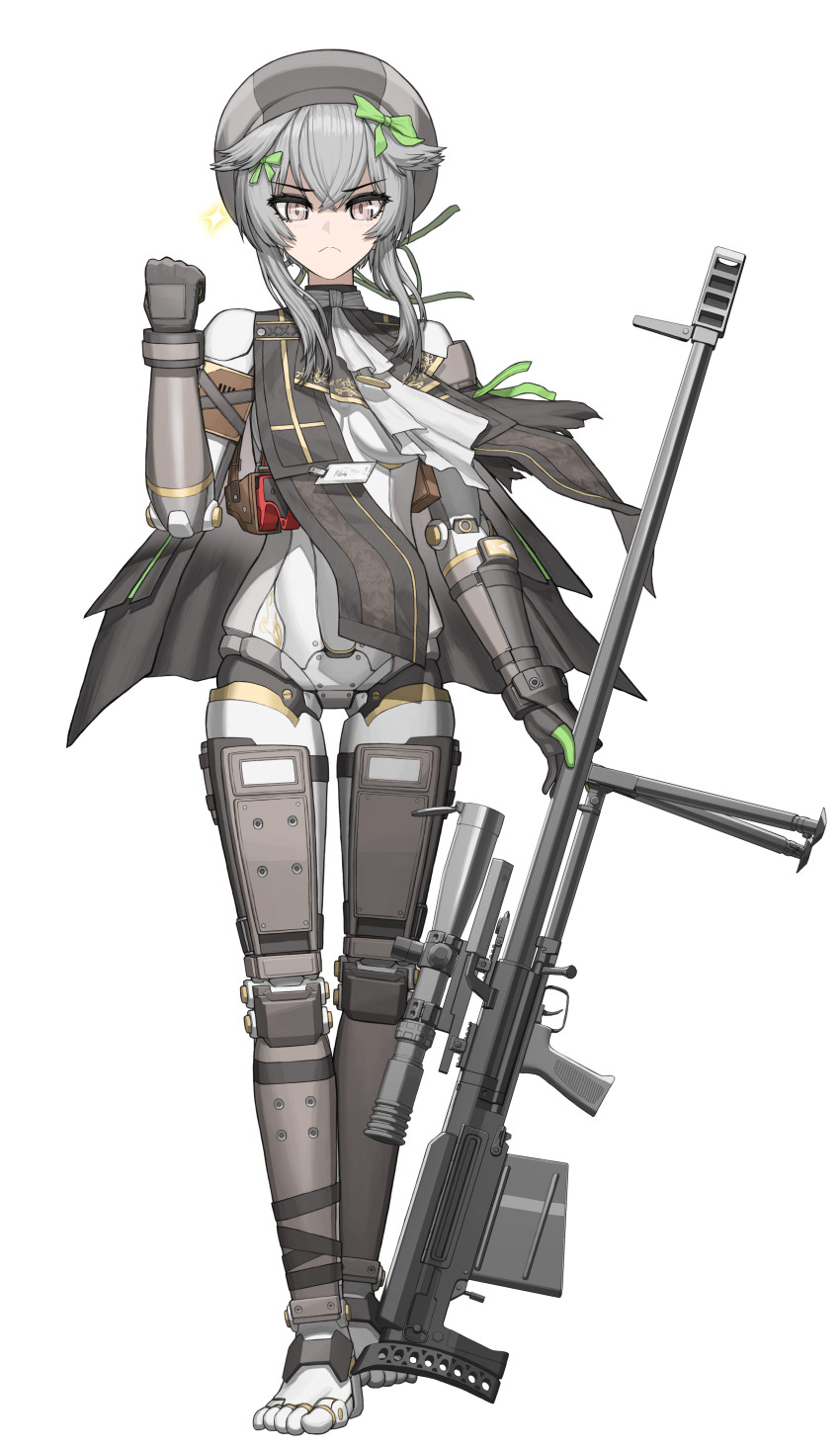 1girl :&lt; absurdres android anti-materiel_rifle barefoot black_gloves bolt-action_rifle bolt_action bow bullpup cheogtanbyeong clenched_hand commentary_request dushevnaya_(girls&#039;_frontline_2) feet full_body girls&#039;_frontline girls&#039;_frontline_2:_exilium gloves green_bow grey_eyes grey_hair gun hair_bow hair_ears hand_up hat helldivers_(series) highres holding holding_gun holding_weapon joints ksvk_(girls&#039;_frontline) ksvk_12.7 looking_at_viewer mechabare mechanical_arms mechanical_legs medium_hair rifle robot_joints simple_background sniper_rifle solo standing straight-on super_earth_salute_(helldivers) thigh_gap toes weapon white_background