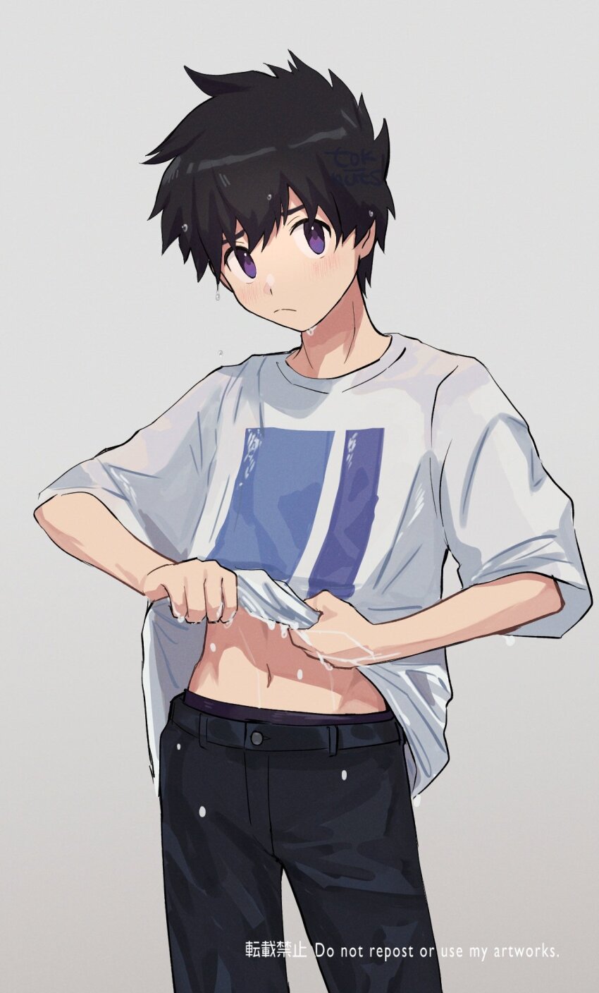 1boy artist_name belt black_belt black_hair black_pants blush closed_mouth commentary frown grey_background grey_shirt highres looking_at_viewer male_focus minakata_ryuunosuke navel pants print_shirt purple_eyes shirt short_hair short_sleeves simple_background solo standing summertime_render tok_nuts water_drop watermark wet wet_clothes wet_hair wet_shirt wringing_clothes