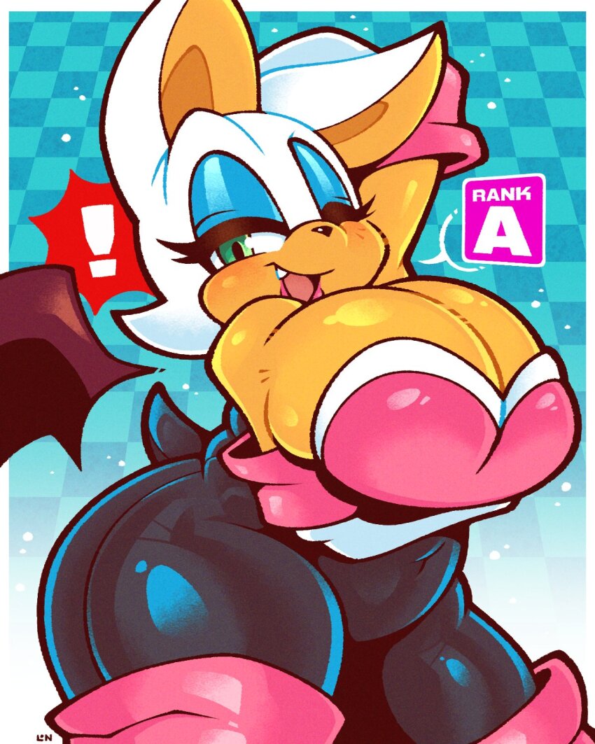 1girl animal_ears arm_under_breasts arm_up armor bat_ears bat_girl bat_tail bat_wings blue_eyeshadow breastplate breasts cleavage commentary covered_navel english_commentary eyelashes eyeshadow feet_out_of_frame furry furry_female gloves half-closed_eye highres legendofnerd makeup navel one_eye_closed open_mouth rouge_the_bat smile sonic_(series) tail white_fur white_gloves wings