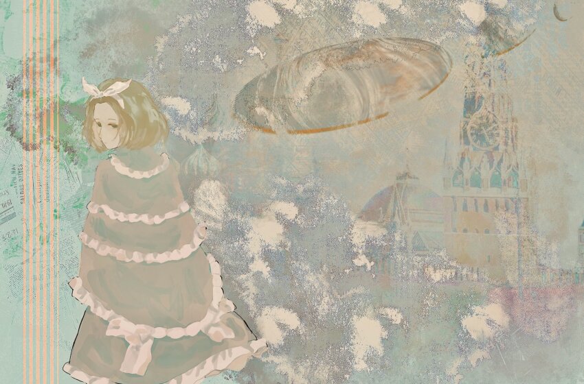 1girl architecture biming bow_hairband brown_hair capelet classicaloid closed_mouth expressionless faux_traditional_media frilled_capelet frills hairband highres looking_at_viewer looking_back pyotr_illyich_tchaikovsky_(classicaloid) short_hair skirt solo tower white_hairband