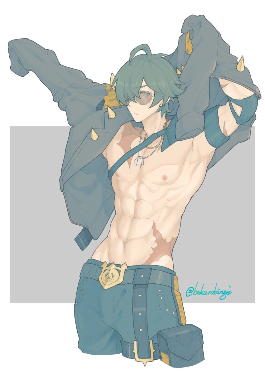 1boy abs ahoge arm_belt armpits arms_up artist_name bakurobingi belt black_belt black_hair black_jacket black_pants cowboy_shot crossed_bangs dressing elbow_pads grey_background groin hair_over_one_eye highres jacket jewelry lighter_(zenless_zone_zero) looking_ahead male_focus navel necklace nipples no_shirt one_eye_covered pale_color pants parted_lips pectoral_cleavage pectorals pouch scar scar_on_arm scar_on_hip scar_on_shoulder short_hair simple_background solo sunglasses swept_bangs thigh_belt thigh_pouch thigh_strap toned toned_male white_background zenless_zone_zero