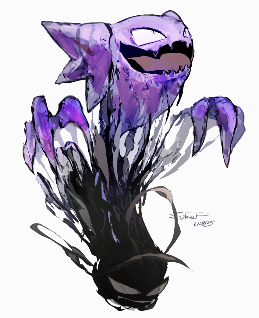 1other absurdres colored_skin dated disembodied_hand evolution evolutionary_line floating gastly gen_1_pokemon ghost haunter highres nintendo no_humans open_mouth pokemon pokemon_(creature) purple_skin signature simple_background smile solo sukepmonster white_background