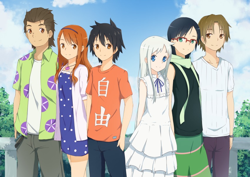 3boys 3girls 53c_(ray_cordova) alternate_hairstyle anjou_naruko ano_hi_mita_hana_no_namae_wo_bokutachi_wa_mada_shiranai. aqua_eyes blue_eyes brown_hair casual cloud day dress hands_in_pockets highres hisakawa_tetsudou honma_meiko long_hair looking_at_viewer matsuyuki_atsumu multiple_boys multiple_girls short_hair silver_hair sky tsurumi_chiriko yadomi_jinta