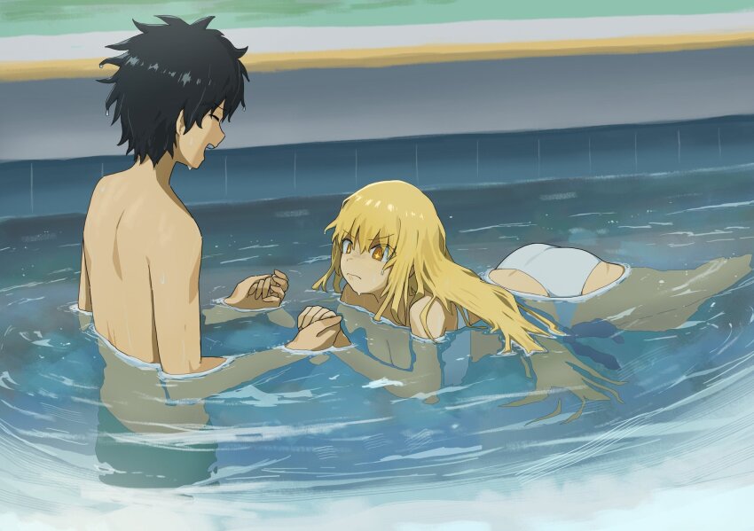 1boy 1girl ass bikini black_hair blonde_hair brown_eyes commentary commission english_commentary highres holding_hands kamijou_touma long_hair pool shokuhou_misaki short_hair spiked_hair star-shaped_pupils star_(symbol) swimming swimsuit symbol-shaped_pupils tatararashi teaching toaru_kagaku_no_railgun toaru_majutsu_no_index very_long_hair wet wet_hair white_bikini