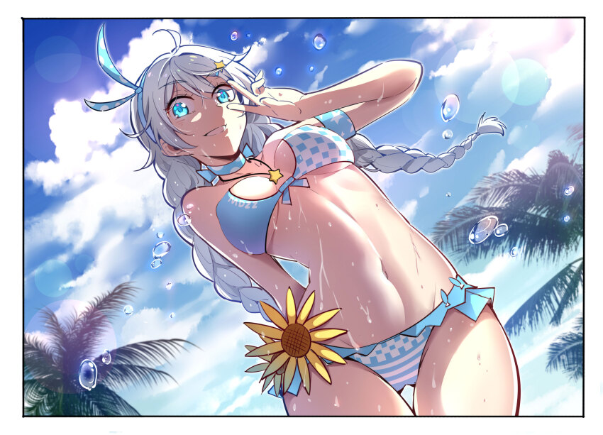 1girl bikini blue_eyes blue_sky border braid chinese_commentary cloud commentary_request fei_luo_mao flower grin highres honkai_(series) honkai_impact_3rd jewelry kiana_kaslana kiana_kaslana_(sunny_beach) light_particles long_hair looking_at_viewer midriff navel necklace outdoors sky smile solo stomach sun sunflower swimsuit twin_braids twintails v v_over_eye very_long_hair water_drop wet white_border white_hair