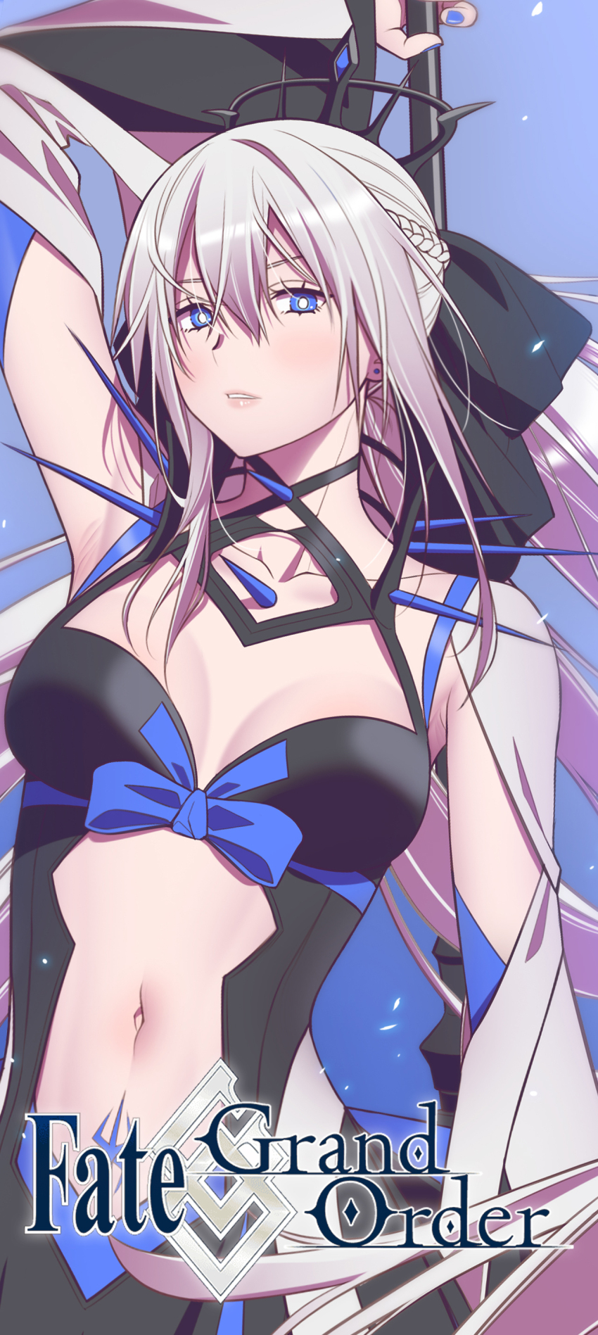1girl absurdres andrian_januar_adilia arm_up armpit_crease armpits black_dress blue_eyes blue_ribbon breasts dress fate/grand_order fate_(series) grey_hair highres holding medium_breasts morgan_le_fay_(fate) morgan_le_fay_(third_ascension)_(fate) navel ribbon