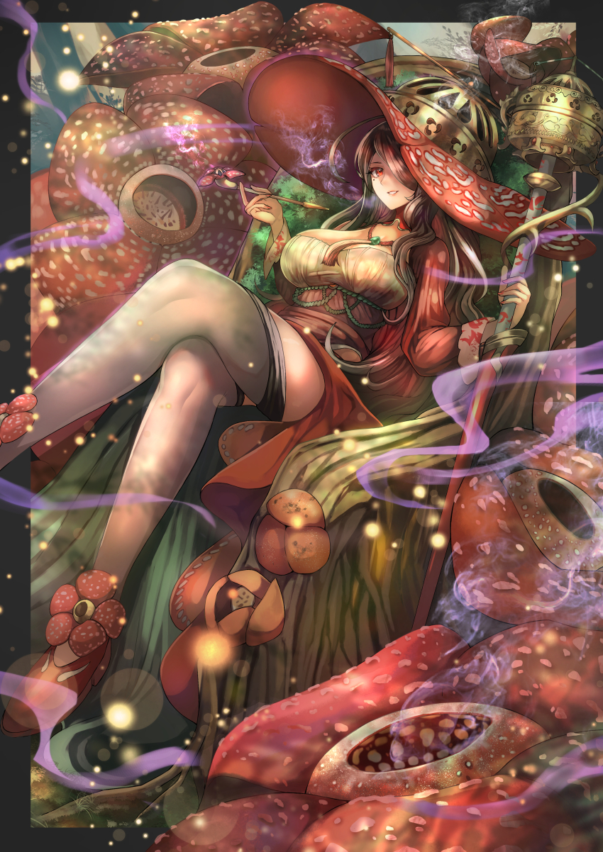 1girl absurdres black_border border breasts brown_hair commentary crossed_legs dress flower gem green_gemstone green_hair grey_thighhighs hair_over_one_eye hat highres holding holding_smoking_pipe holding_staff kiseru large_breasts light_particles long_hair looking_at_viewer mole mole_under_eye multicolored_hair nature ohako_(ohako1818) original outside_border personification plant plant_roots rafflesia_(flower) rafflesia_arnoldi red_eyes red_shoes revision shoes shrug_(clothing) sidelocks smile smoke smoking_pipe solo staff thighhighs very_long_hair