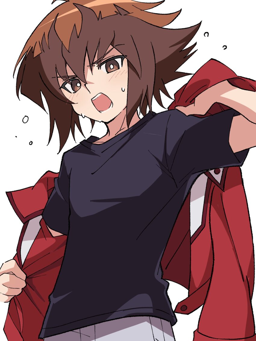 1boy black_shirt blush bright_pupils brown_eyes brown_hair cowboy_shot highres jacket looking_at_viewer male_focus niyane open_clothes open_jacket open_mouth red_jacket shirt short_hair short_sleeves simple_background solo sweat teeth v-shaped_eyebrows white_background white_pupils yu-gi-oh! yu-gi-oh!_gx yuki_judai