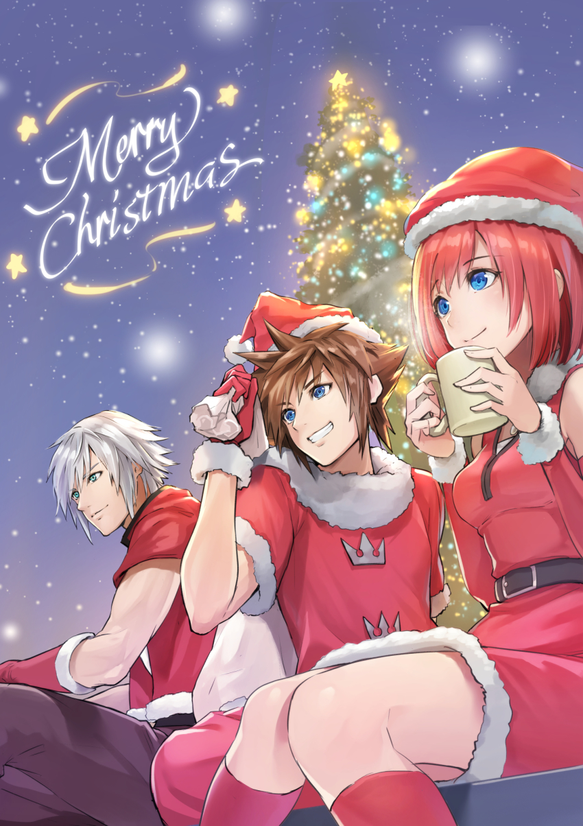 1girl 2boys blue_eyes breasts brown_hair christmas_tree closed_mouth dress gloves gogo_(detteiu_de) green_eyes hat highres jewelry kairi_(kingdom_hearts) kingdom_hearts kingdom_hearts_ii medium_hair multiple_boys red_hair riku_(kingdom_hearts) santa_costume silver_hair smile sora_(kingdom_hearts)