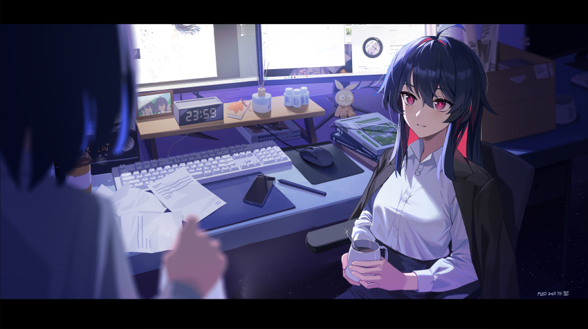 2girls absurdres ahoge benghuai_xueyuan black_jacket black_skirt blazer blue_hair book book_stack box breasts cardboard_box cellphone chair clock coffee collared_shirt colored_inner_hair computer_keyboard computer_mouse cup dated desk digital_clock disposable_cup drawing_(object) drink fled hair_between_eyes hair_intakes high-waist_skirt highres holding holding_cup homu_(honkai_impact) honkai_(series) indoors jacket jacket_on_shoulders letterboxed long_hair looking_at_another medium_breasts monitor mug multicolored_hair multiple_girls night office_chair out_of_frame papers pencil_skirt phone picture_frame red_eyes red_hair screen_light seele_(alter_ego) seele_vollerei seele_vollerei_(starchasm_nyx) shirt shirt_tucked_in short_hair sidelocks signature sitting skirt smartphone straight_hair stylus swivel_chair upper_body