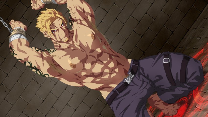1boy abs arm_tattoo armpit_hair armpits arms_up bara barefoot belt beowulf_(fate) blonde_hair bound bound_arms bulge dark-skinned_male dark_skin facial_hair fate/grand_order fate_(series) foot_out_of_frame goatee grey_pants highres kneeling konohanaya large_pectorals looking_at_viewer magic male_focus mature_male muscular muscular_male navel nipples paid_reward_available pants pectorals red_eyes scar scar_on_chest short_hair sideburns solo stomach tattoo topless_male veins