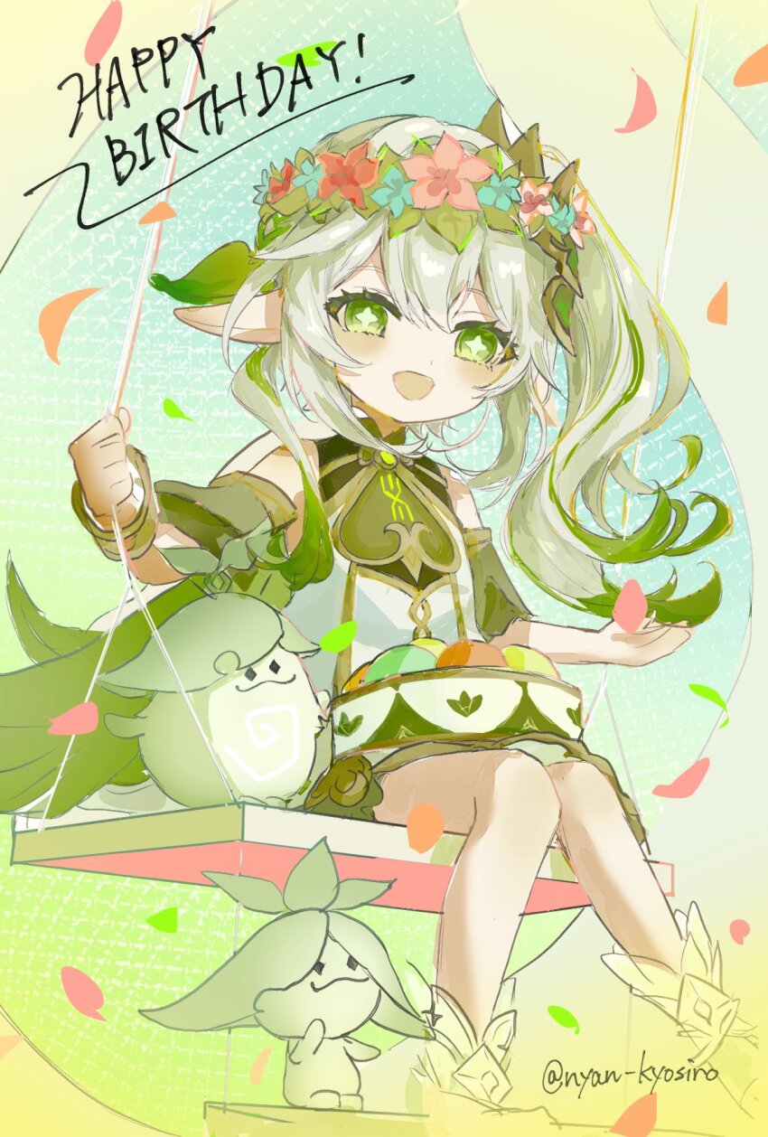 1girl :d aranara_(genshin_impact) bare_shoulders blue_flower blush bracelet commentary_request detached_sleeves dress flower flower_wreath genshin_impact golf gradient_hair green_eyes green_hair green_sleeves hair_between_eyes happy_birthday head_wreath highres jewelry long_hair multicolored_hair nahida_(genshin_impact) nyan_kyosiro0 on_swing open_mouth red_flower side_ponytail sitting sleeveless sleeveless_dress smile solo star-shaped_pupils star_(symbol) stirrup_legwear swing symbol-shaped_pupils toeless_legwear twitter_username white_dress white_hair