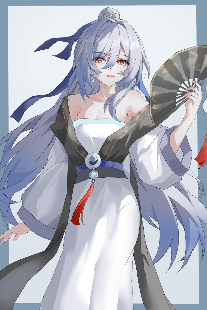 1girl absurdres bare_shoulders blue_hair closed_mouth dress evzeva hair_between_eyes highres honkai:_star_rail honkai_(series) jingliu_(honkai:_star_rail) long_hair looking_at_viewer red_eyes solo