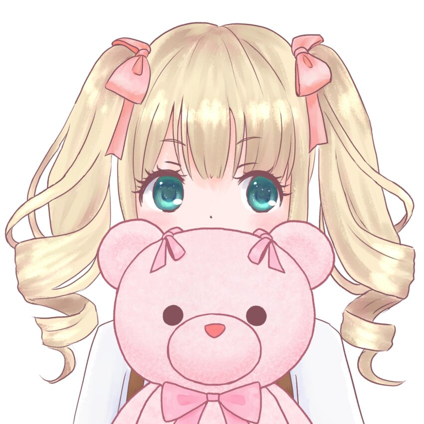 1girl aqua_eyes assault_lily blonde_hair bow commentary covered_mouth hair_bow highres light_blush long_hair long_sleeves looking_at_viewer ludvico_private_girls&#039;_academy_school_uniform narumi_clara_yuuko ofusuma_(knifesuuma) pink_bow school_uniform shirt simple_background solo stuffed_animal stuffed_toy suspenders teddy_bear twintails upper_body white_background white_shirt