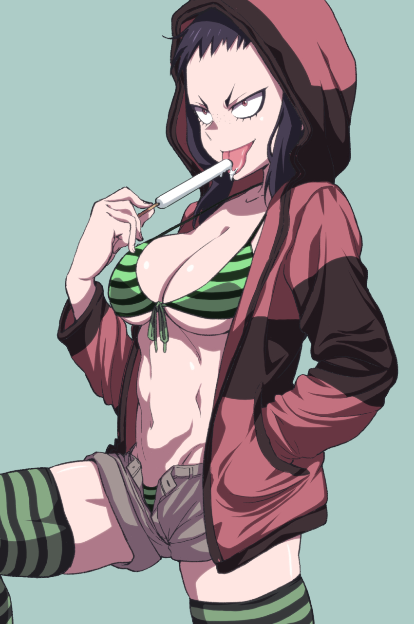 bikini breasts commentary food hand_in_pocket highres holding holding_food holding_popsicle hood hood_up hoodie large_breasts natsumi_chorisuke open_clothes open_fly open_hoodie original popsicle shorts swimsuit tongue tongue_out