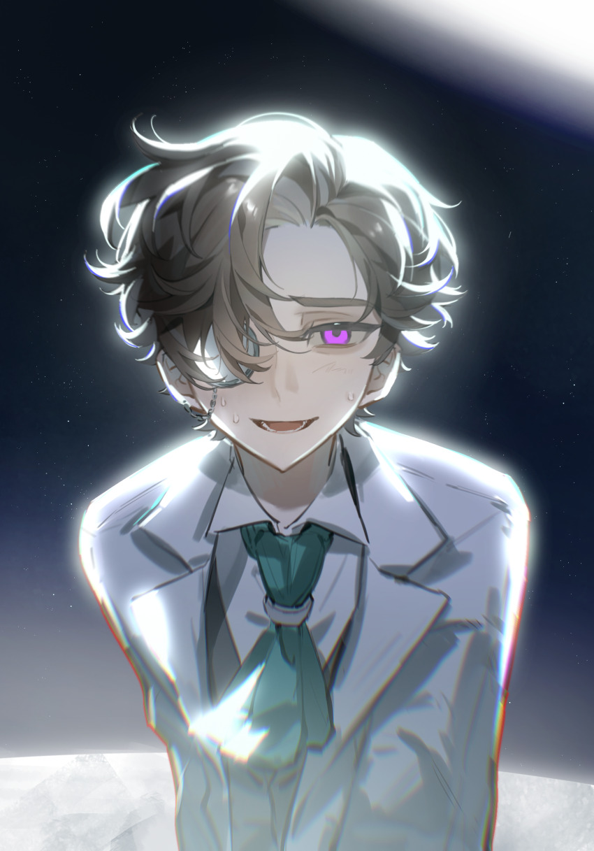 1boy ascot black_vest brown_hair chromatic_aberration collared_shirt commentary dianbo635 english_commentary green_ascot hair_over_one_eye highres identity_v lab_coat male_focus monochrome night night_sky open_clothes open_mouth orpheus_(identity_v) outdoors pink_eyes procreate_(medium) shirt sky smile solo star_(sky) sweat upper_body vest white_shirt