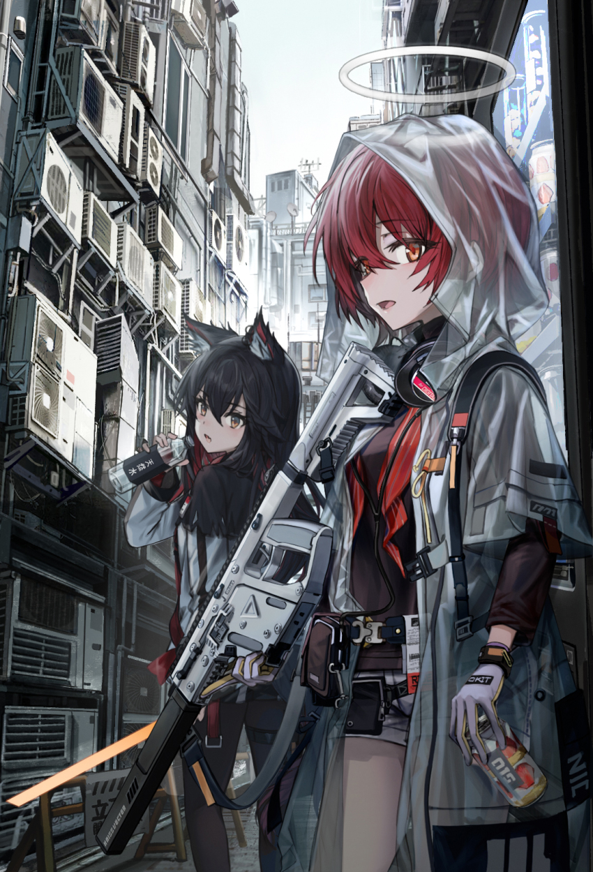 2girls air_conditioner animal_ear_fluff animal_ears arknights belt black_hair black_legwear bottle can city commentary_request exusiai_(arknights) feet_out_of_frame gloves gun hair_between_eyes halo headphones headphones_around_neck highres holding holding_bottle holding_can holding_weapon jacket kriss_usa kriss_vector long_hair long_sleeves looking_at_viewer magpul multiple_girls open_mouth orange_eyes osprey_45 pantyhose polygonal_suppressor red_hair satellite_dish shirt short_hair shorts silencerco smile submachine_gun suppressor texas_(arknights) transformational_defense_industries veerinly weapon white_gloves white_jacket wolf_ears