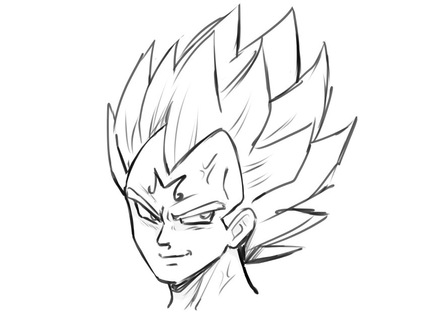 &gt;:) 1boy absurdres commentary dragon_ball dragonball_z facial_mark forehead_mark highres long_hair looking_at_viewer majin_vegeta male_focus monochrome simple_background solo spiked_hair v-shaped_eyebrows vegeta white_background yaya_chan
