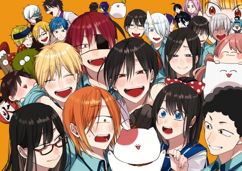 6+boys 6+girls abe_amaaki abe_haruaki afro ahoge akibe_(yohaji) akisame_tamao ashiya_douman_(yohaji) black_hair blonde_hair blue_eyes blue_hair blue_shirt blush breasts brothers brown_hair chibi closed_eyes closed_mouth commentary cyclops daisy_(yohaji) eyepatch fuji_touya giant glasses greyscale hatanaka_izuna highres hijita_koutarou horns isaburou_ebisu ittan_momen karakasa_obake kiss koizumi_(yohaji) kurahashi_yuuta lantern long_hair looking_at_viewer maeda_yasutomi maizuka_mamekichi marilyn_(yohaji) marshmallow_(yohaji) mask mature_male miki_rintarou momoyama_natsumi monochrome mouth_mask mujina_yakumo multiple_boys multiple_girls nyuudou_rensuke odawara_(yohaji) official_art ogata_kou ogata_rin_(yohaji) ogoso_saguru one-eyed oni oota_yagorou open_mouth orange_background pink_hair polka_dot polka_dot_ribbon ponytail red_eyes red_hair renjou_yuri ribbon sano_mikoto satsuki_hime shirt siblings simple_background small_breasts smile surprise_kiss surprised takahashi_akira takahashi_kurai tanaka_mai toubyou_yamato translated twintails umbrella utagawa_kuniko white_hair yanagida_(ghoul_school) yanagida_(yohaji) youkai_gakkou_no_sensei_hajimemashita! zashiki_beniko