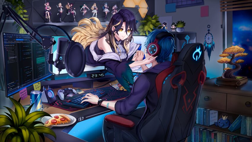 1boy 1girl absurdres amano_nene_(vtuber) ascot bag_of_chips bandaid blonde_hair blue_hair bonsai book can chair charlotte_suzu closed_mouth commentary computer_keyboard computer_mouse controller dreamcatcher energy_drink english_commentary english_text exillust figure food game_controller gaming_chair headphones highres isla_coleman looking_at_another lua_asuka microphone monitor multiple_monitors namiji_freesia official_art pepperoni pizza pizza_slice plant plate potted_plant production_kawaii purple_hair reina_sun_(vtuber) second-party_source shee_icho sleeveless smile speaker sticky_note studio_microphone swivel_chair virtual_youtuber visual_studio watch white_ascot wristwatch yellow_eyes