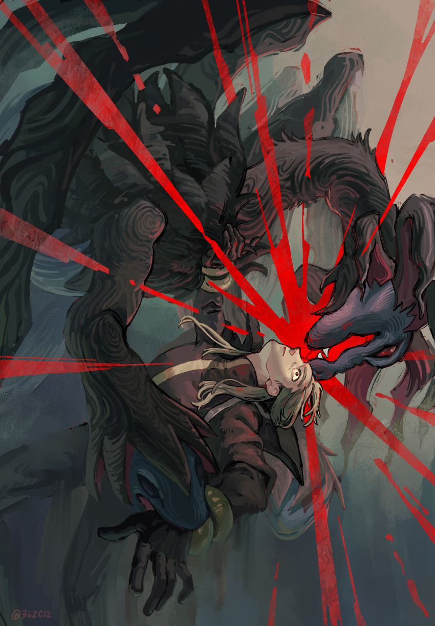 1boy 1other arched_back biting biting_another&#039;s_hand black_coat black_gloves black_pants blonde_hair coat commentary dappled_sunlight dragon facing_another flying gen_5_pokemon ghetsis_(pokemon) gloves grey_background hand_on_another&#039;s_chest highres hydreigon injury leaning_back light_rays looking_at_another male_focus midair multiple_heads nintendo outstretched_arm pants pokemon pokemon_(creature) pokemon_bw red_eyes sunlight surprised user_udxm5277 wide-eyed