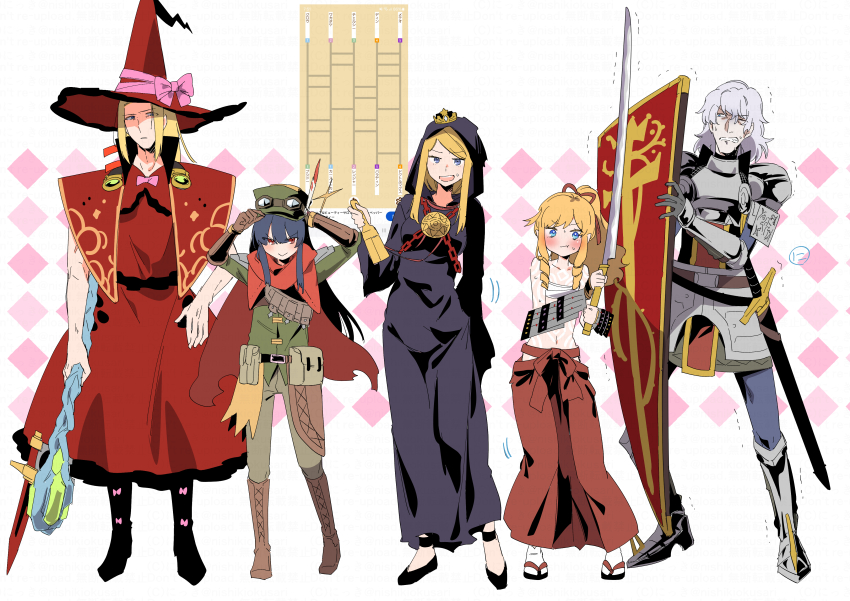2boys 3girls :d :t absurdres argyle_background armor armored_boots arms_up black_boots black_hair black_robe black_sandals black_shoes blonde_hair blue_eyes boots bow breastplate brown_boots bushidou_(sekaiju) bushidou_2_(sekaiju) bushidou_2_(sekaiju)_(cosplay) cape capelet chain clenched_teeth closed_mouth cosplay costume_switch crossdressing crown curse_maker curse_maker_1 curse_maker_1_(cosplay) doctor_magus doctor_magus_4 doctor_magus_4_(cosplay) dress etrian_odyssey flat_cap green_hat green_shirt grey_hair grey_pants hakama hakama_skirt hand_on_own_hip hands_on_headwear hat hat_bow highres holding holding_shield holding_staff holding_sword holding_weapon hood hood_up hooded_robe japanese_clothes knee_boots ladder_lottery long_hair mini_crown multiple_boys multiple_girls navel nervous_smile nikki_kyousuke open_mouth paladin_(sekaiju) paladin_2_(sekaiju) paladin_2_(sekaiju)_(cosplay) pants pauldrons pink_bow ranger_(sekaiju) ranger_1_(sekaiju) ranger_1_(sekaiju)_(cosplay) red_cape red_capelet red_dress red_eyes red_hakama red_hat ringlets robe sandals sarashi shield shirt shoes shoulder_armor skirt smile staff sword teeth torn_cape torn_clothes translation_request trembling v-shaped_eyebrows very_long_hair weapon white_background witch_hat zouri