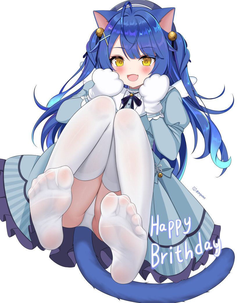 1girl absurdres amamiya_kokoro animal_ears blue_hair blush cat_ears cat_tail feet gloves gugu0v0 highres long_hair looking_at_viewer nijisanji open_mouth panties pantyshot paw_gloves see-through_clothes see-through_legwear soles tail thighhighs toes twintails underwear white_thighhighs yellow_eyes