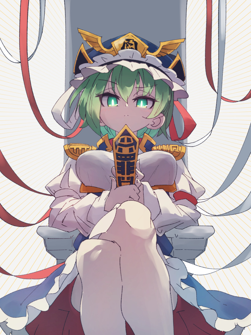 1girl blue_hat breasts commentary crossed_legs epaulettes frilled_hat frills green_eyes green_hair hat highres holding juliet_sleeves long_sleeves looking_at_viewer puffy_sleeves rod_of_remorse ryouryou shiki_eiki simple_background sitting solo touhou