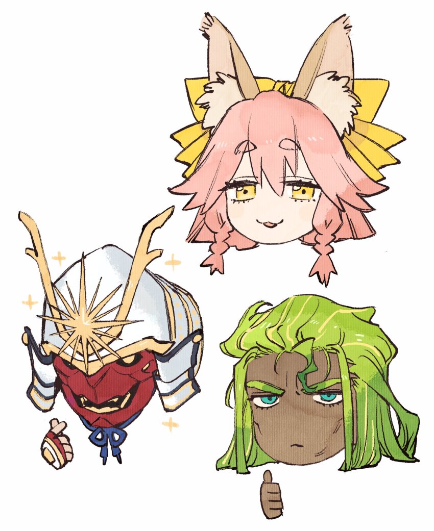 :3 animal_ear_fluff animal_ears armor berserker_(fate/samurai_remnant) blue_eyes bow chibi chibi_only dark-skinned_male dark_skin fate/samurai_remnant fate_(series) finger_heart fox_ears fox_girl green_hair hair_bow helmet highres horns japanese_armor kabuto_(helmet) long_hair looking_at_viewer no_nose pink_hair red_mask rogue_saber_(fate/samurai_remnant) smile tamamo_(fate) tamamo_aria_(fate) thumbs_up wataru_rei yellow_bow