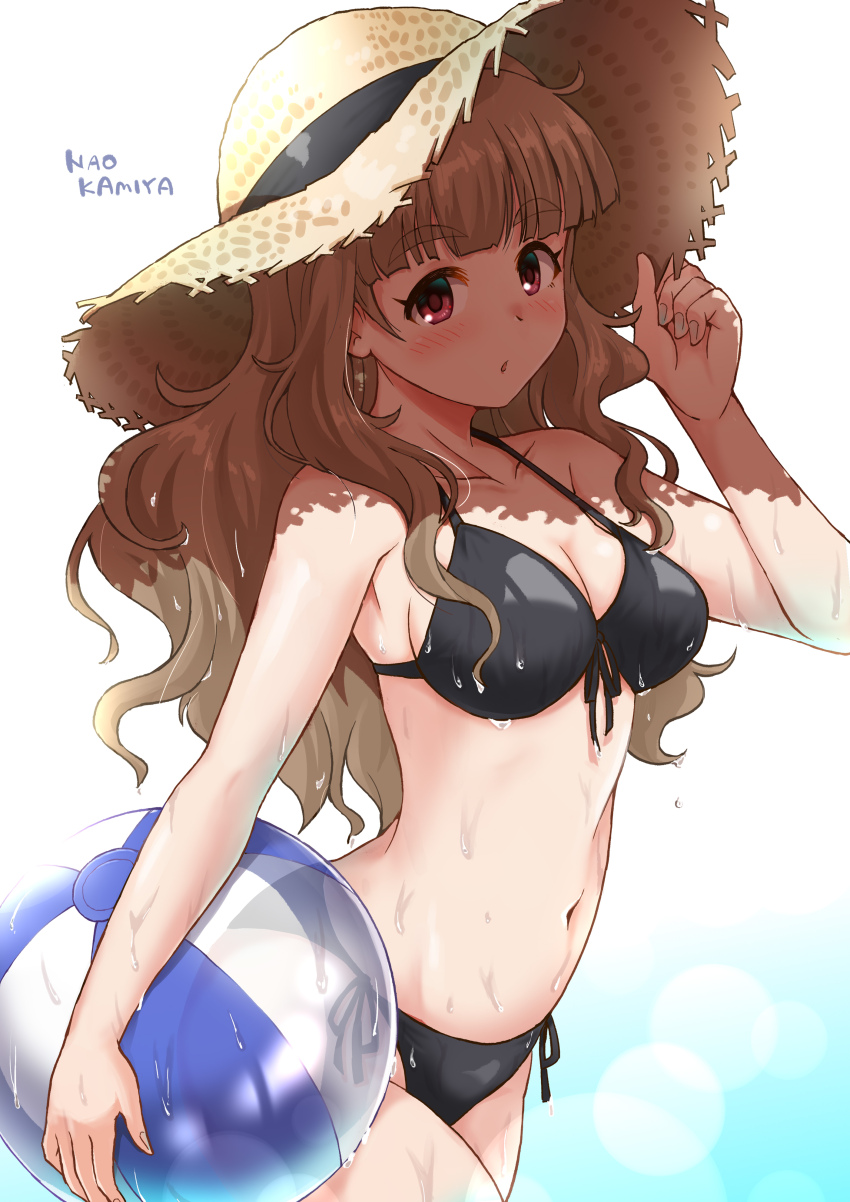 1girl absurdres ball beachball bikini black_bikini blush breasts brown_hair character_name cleavage collarbone commentary_request fingernails halterneck hat highres holding holding_ball holding_beachball idolmaster idolmaster_cinderella_girls kamiya_nao long_hair looking_at_viewer medium_breasts navel red_eyes satomura_kyou side-tie_bikini_bottom solo stomach straw_hat swimsuit thick_eyebrows very_long_hair