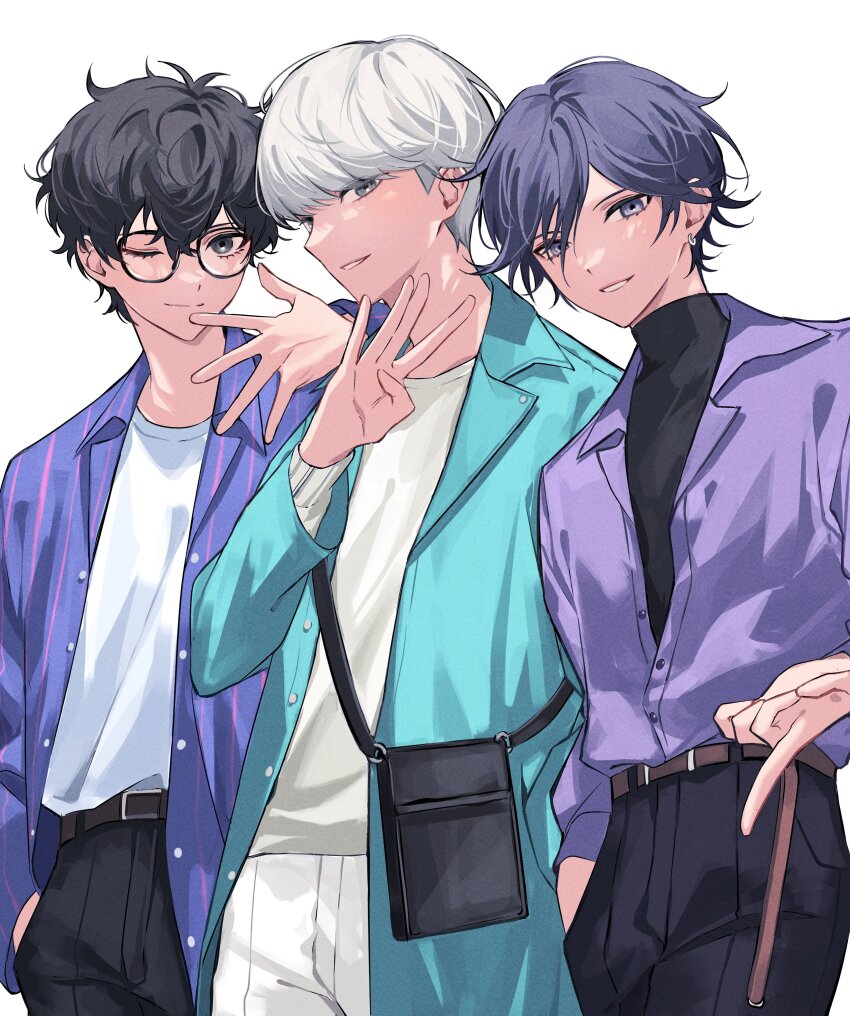 3boys absurdres alternate_costume amamiya_ren bag belt black_bag black_hair black_pants black_undershirt blue_shirt brown_belt casual closed_mouth collared_shirt earrings glasses grey_eyes grey_hair grin hair_between_eyes hand_in_pocket highres jewelry long_sleeves looking_at_viewer male_focus mnce_o multiple_boys narukami_yu one_eye_closed open_clothes open_shirt pants partially_unbuttoned persona persona_1 persona_4 persona_5 purple_eyes purple_shirt shirt shirt_tucked_in short_hair shoulder_bag simple_background smile striped_clothes striped_shirt toudou_naoya turtleneck white_background white_pants white_undershirt