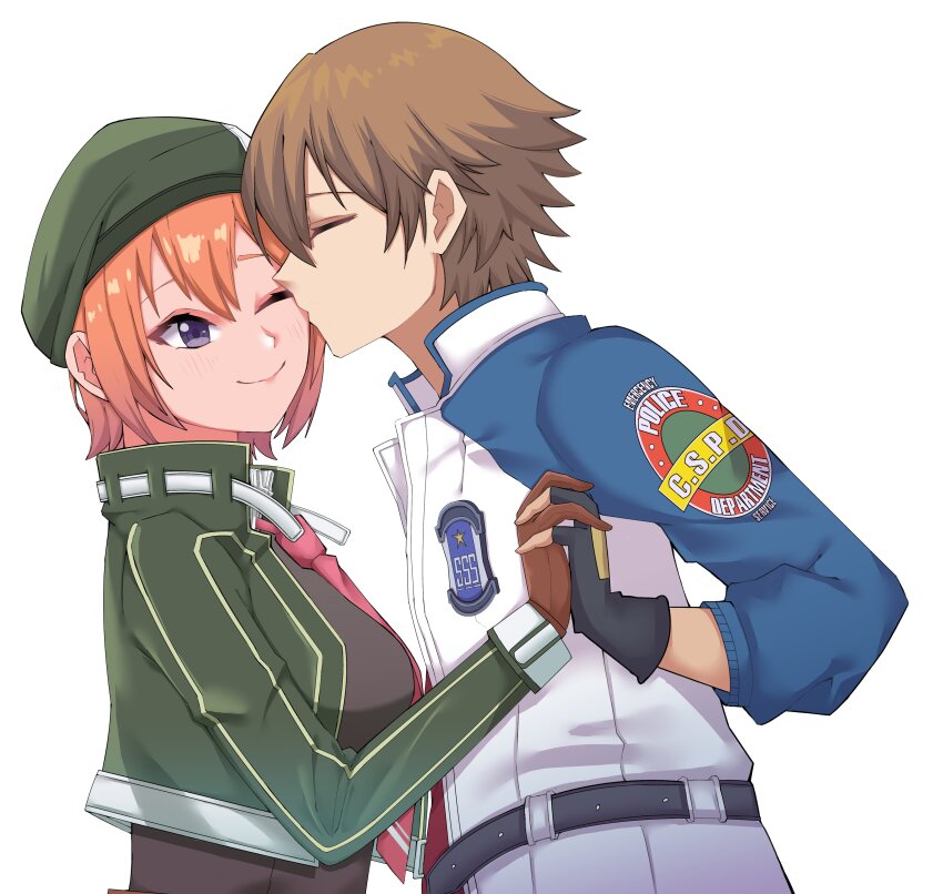 1boy 1girl absurdres ao_no_kiseki black_gloves breasts brown_gloves brown_hair closed_eyes commentary commission cropped_jacket double-parted_bangs eiyuu_densetsu english_commentary fingerless_gloves from_side gloves hair_between_eyes highres holding_hands jacket kim_kim kiss lloyd_bannings medium_breasts necktie noel_seeker orange_hair pink_necktie second-party_source short_hair simple_background smile upper_body white_background zero_no_kiseki