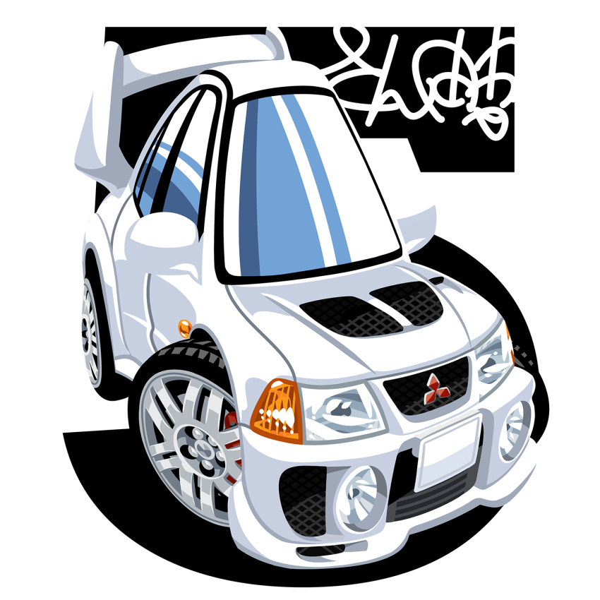 car chibi highres license_plate mitsubishi_lancer_evolution mitsubishi_motors motor_vehicle no_humans original san_mamiya shadow spoiler_(automobile) vehicle_focus white_car