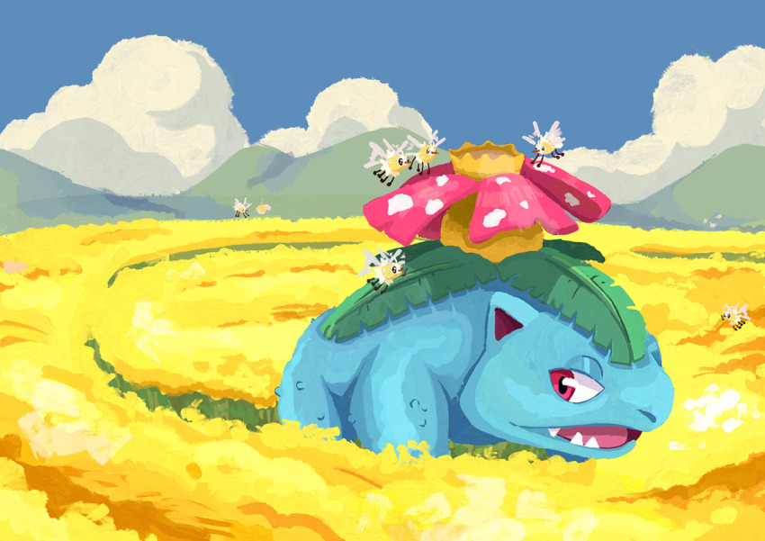blue_sky cloud commentary cutiefly day field flower flower_field full_body game_freak gen_1_pokemon gen_7_pokemon lozyrosie nintendo no_humans open_mouth outdoors pink_eyes pokemon pokemon_(creature) sharp_teeth sky solo teeth venusaur